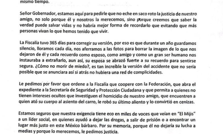Familiares y amigos, piden al Gobernador Américo Villarreal que ordene a la Fiscalía reabrir expediente sobre la muerte de "El Mijis"